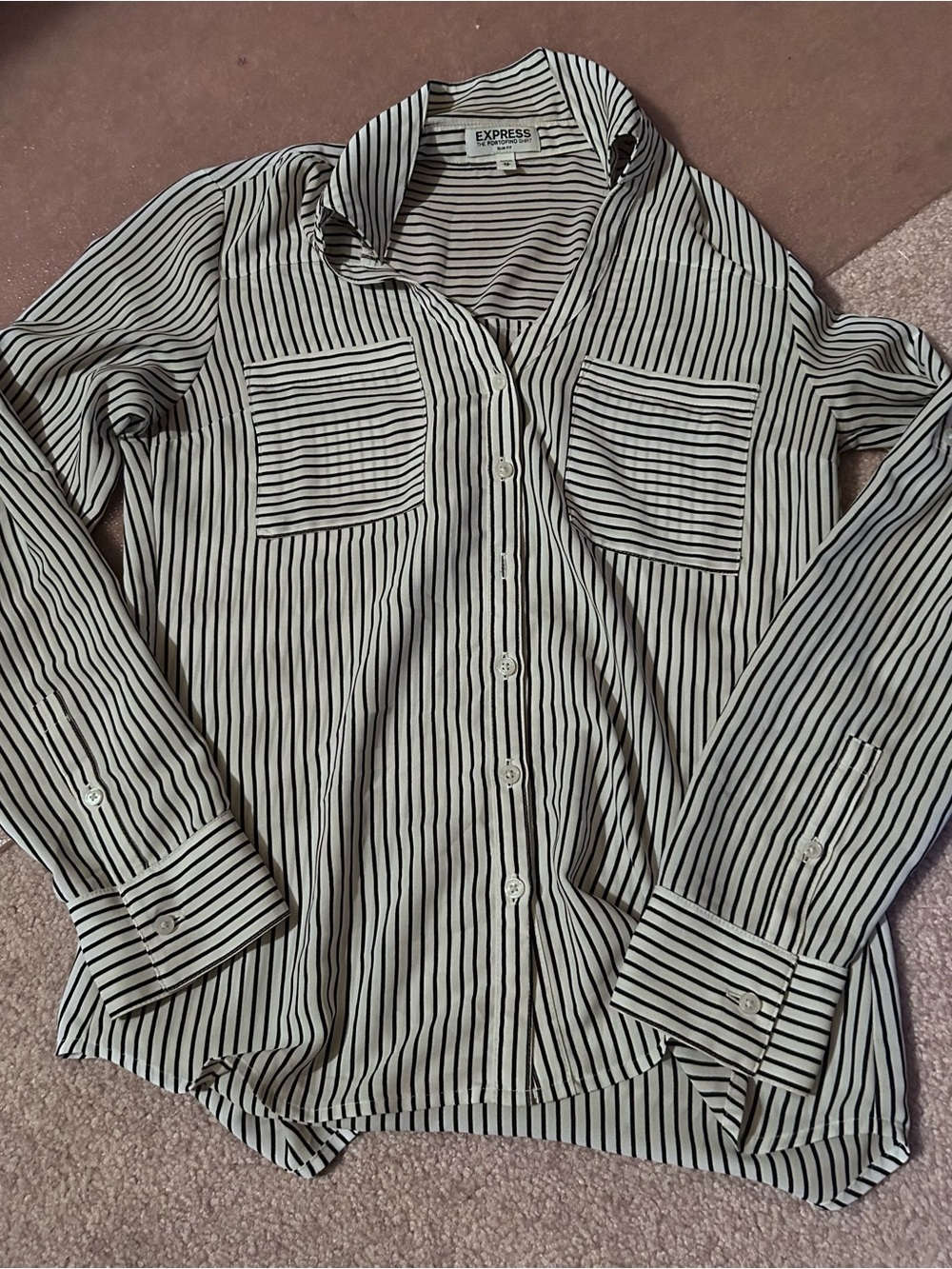 Express Women's White Shirt with Black Vertical Stripes